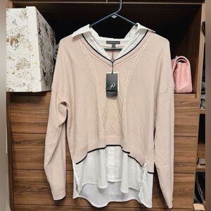 Adrianna Papell Pink Layered Sweater with White Shirt S NWT